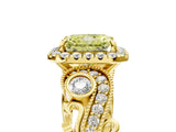 Yellow gold Fancy Yellow Radiant Cut Diamond Halo Ring with Milgrain Pavé Band and Four-Prong Setting_58