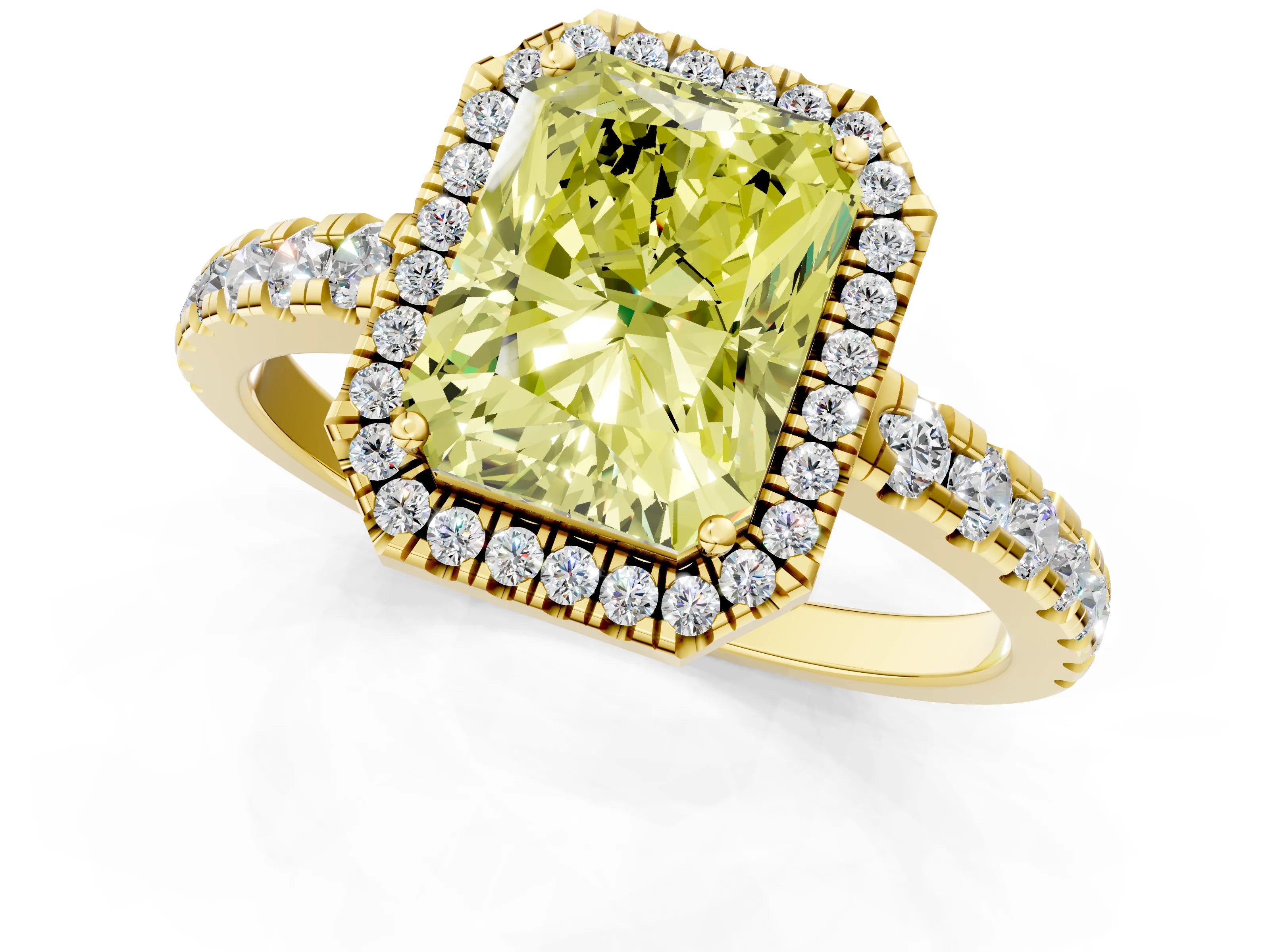 Yellow gold Fancy Yellow Radiant Cut Diamond Halo Ring with Pavé Band and Four-Prong Setting_1