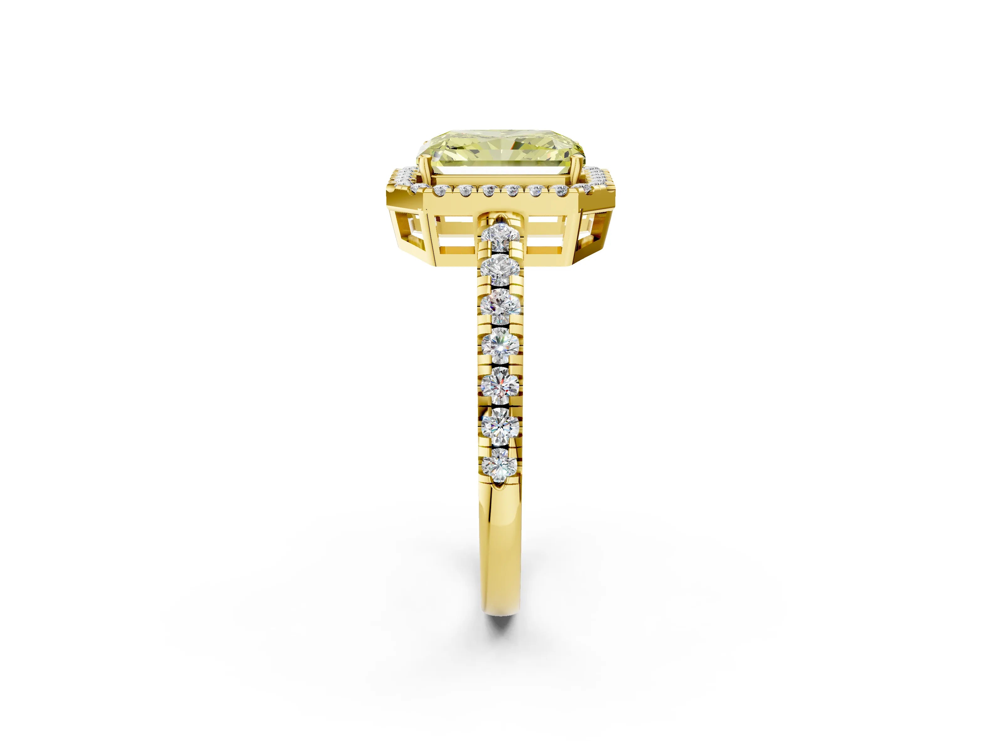 Yellow gold Fancy Yellow Radiant Cut Diamond Halo Ring with Pavé Band and Four-Prong Setting_2