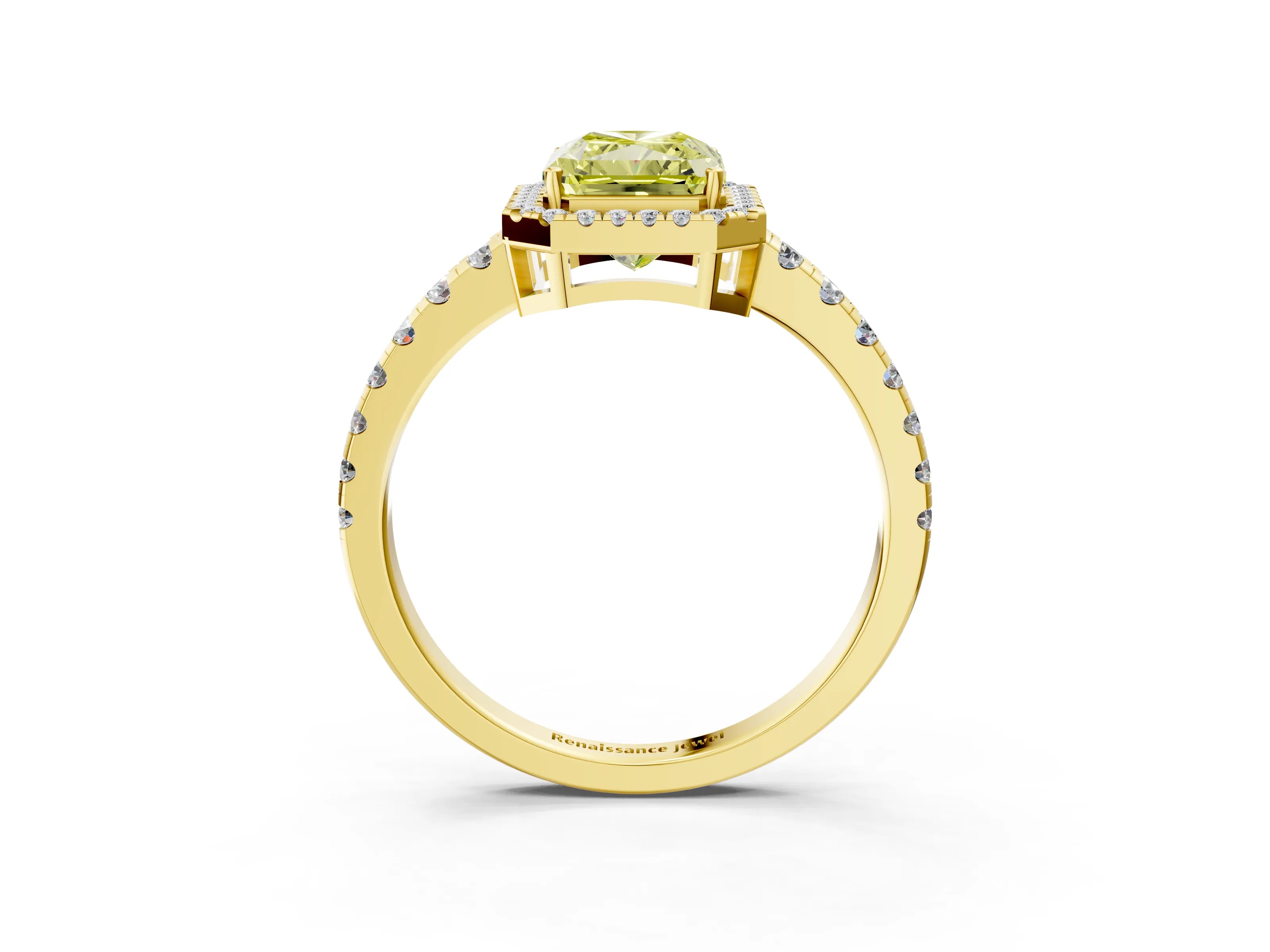 Yellow gold Fancy Yellow Radiant Cut Diamond Halo Ring with Pavé Band and Four-Prong Setting_3