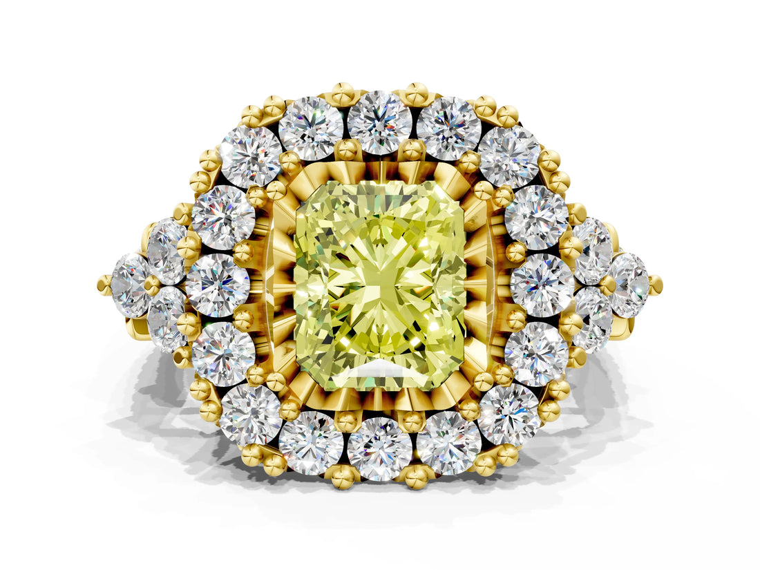 Yellow gold Fancy Yellow Radiant Cut Diamond Halo Ring with Pavé Band and Four-Prong Setting_41