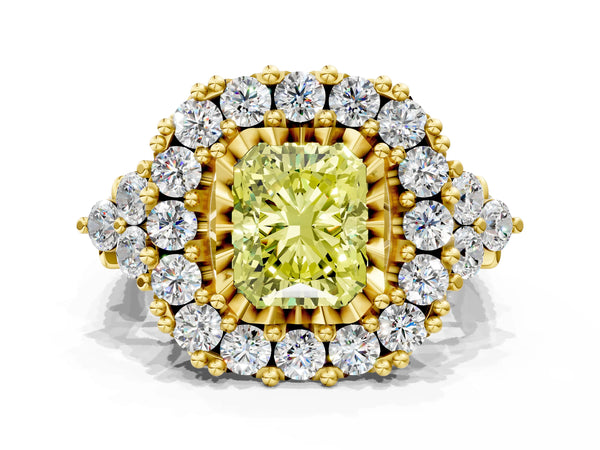 Yellow gold Fancy Yellow Radiant Cut Diamond Halo Ring with Pavé Band and Four-Prong Setting