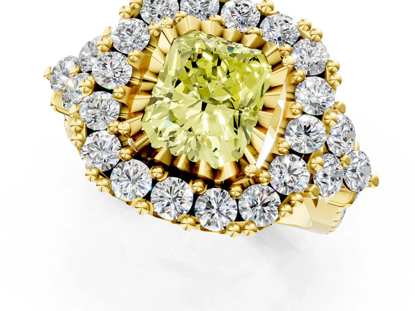 Yellow gold Fancy Yellow Radiant Cut Diamond Halo Ring with Pavé Band and Four-Prong Setting