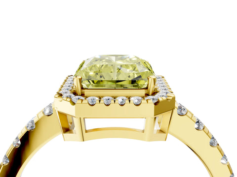 Yellow gold Fancy Yellow Radiant Cut Diamond Halo Ring with Pavé Band and Four-Prong Setting_4