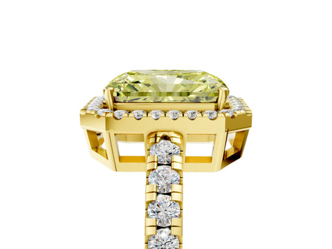 Yellow gold Fancy Yellow Radiant Cut Diamond Halo Ring with Pavé Band and Four-Prong Setting_5