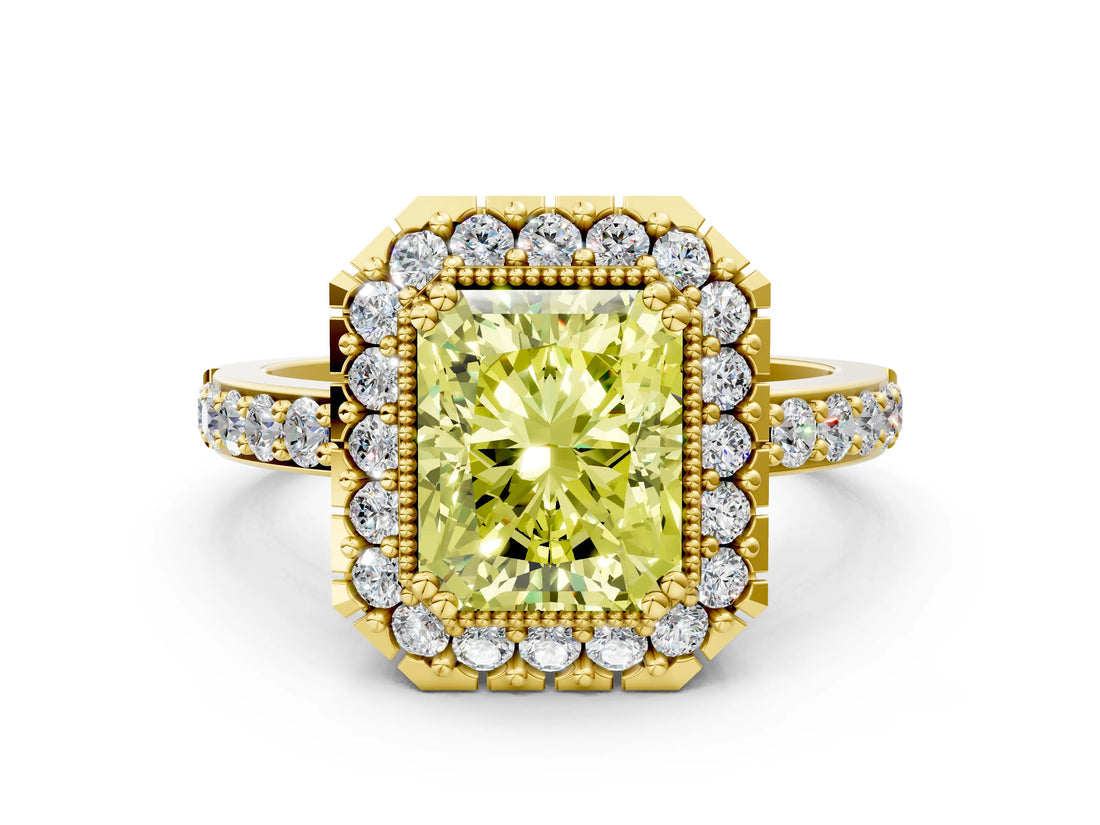 Yellow gold Fancy Yellow Radiant Cut Diamond Halo Ring with Pavé Band and Prong Setting
