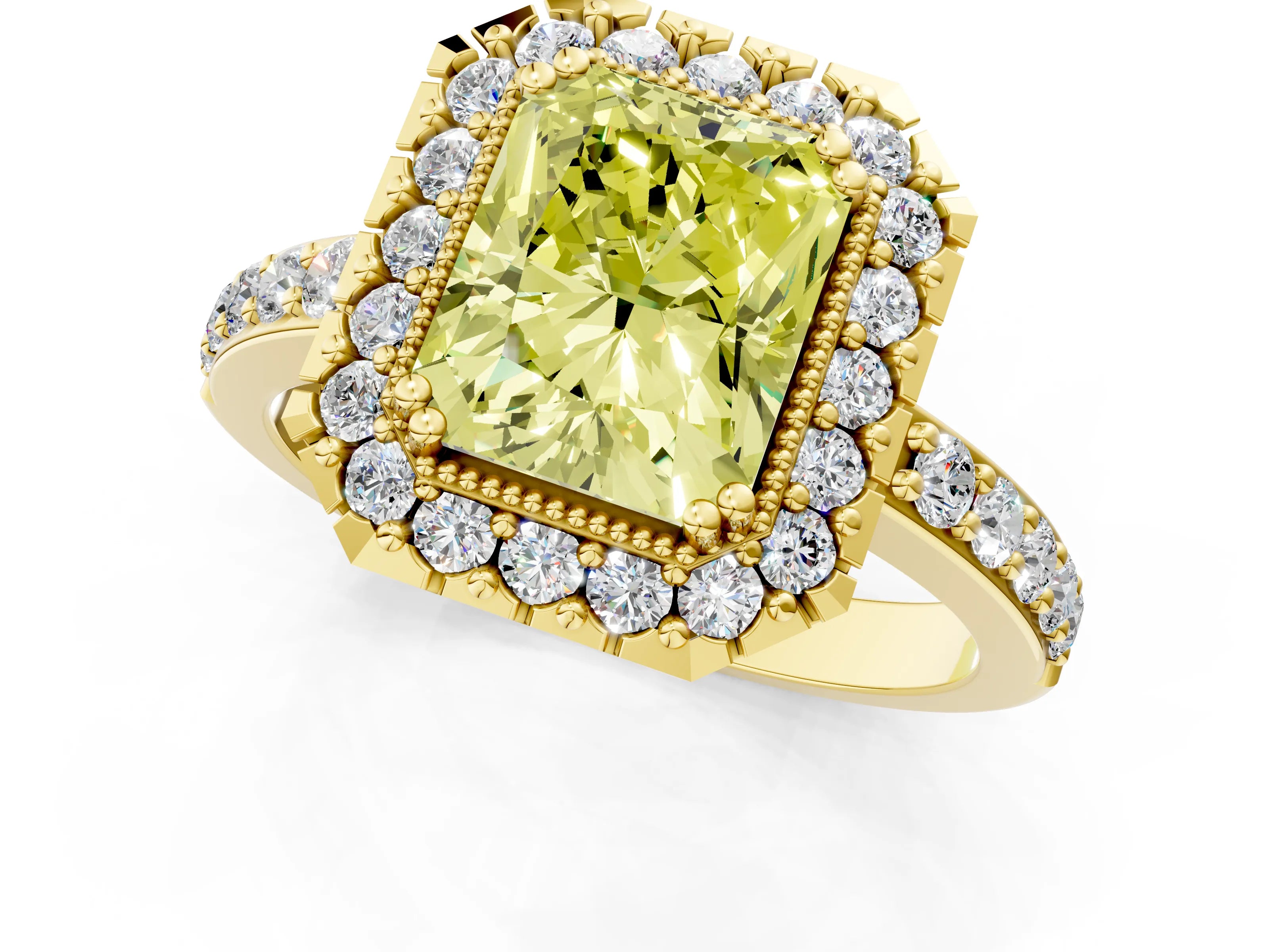 Yellow gold Fancy Yellow Radiant Cut Diamond Halo Ring with Pavé Band and Prong Setting_1