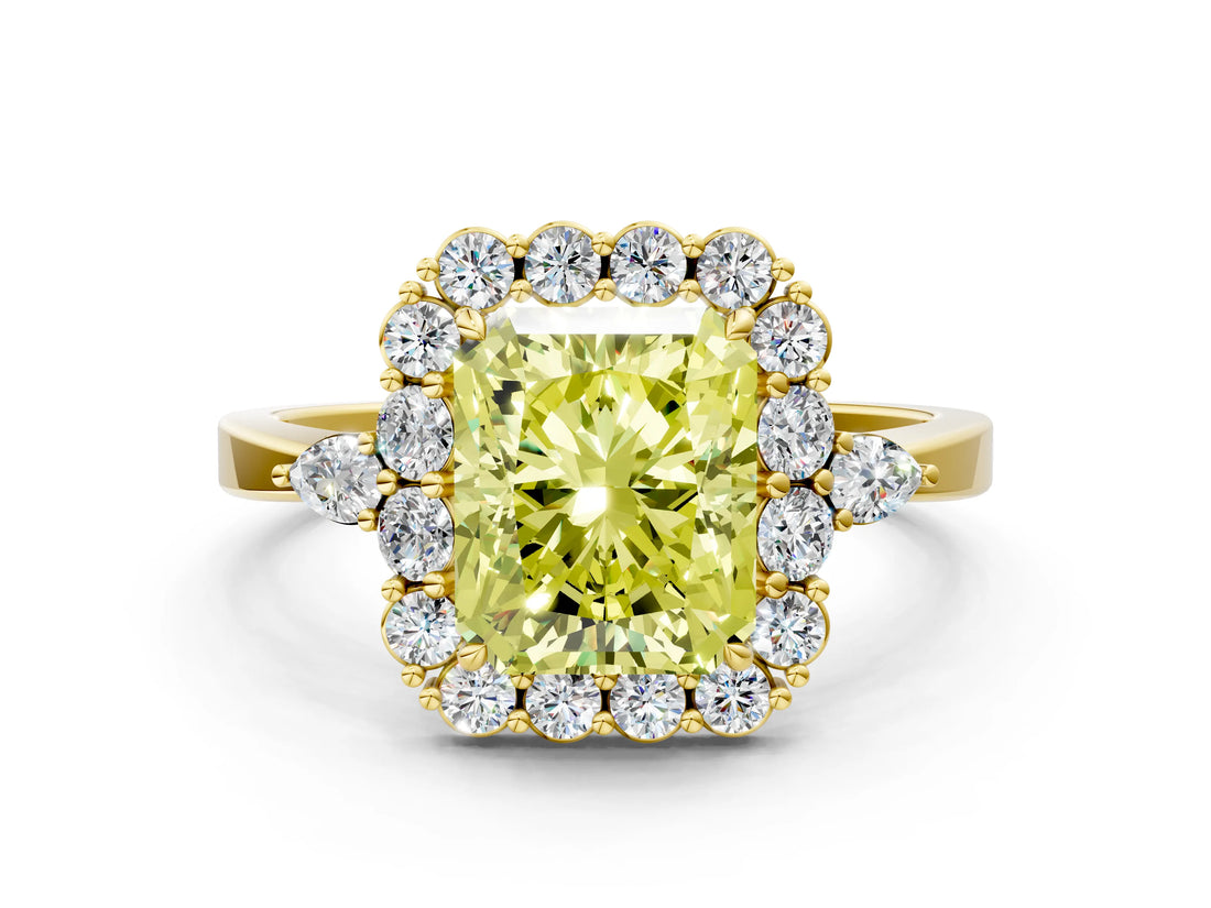 Yellow gold Fancy Yellow Radiant Cut Diamond Halo Ring with Pear Side Stones and Prong Setting_51