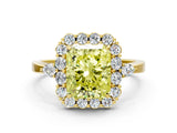 Yellow gold Fancy Yellow Radiant Cut Diamond Halo Ring with Pear Side Stones and Prong Setting_51