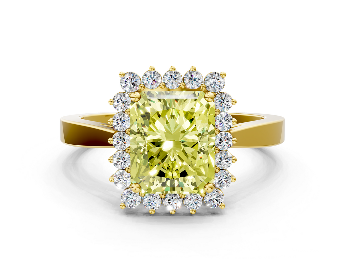 Yellow gold Fancy Yellow Radiant  Cut Diamond Halo Ring with Round Brilliant Halo and Solitaire Band_87