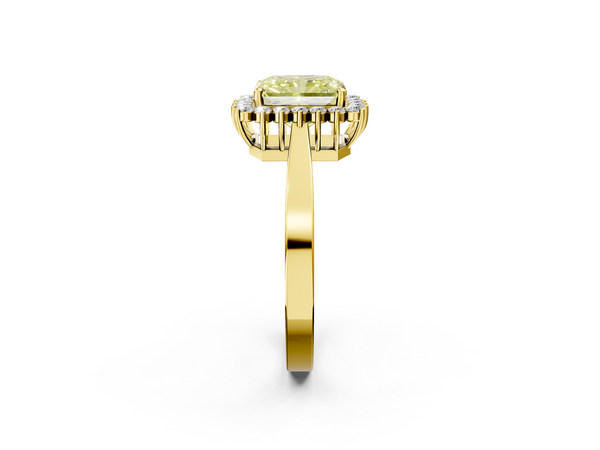 Yellow gold Fancy Yellow Radiant  Cut Diamond Halo Ring with Round Brilliant Halo and Solitaire Band