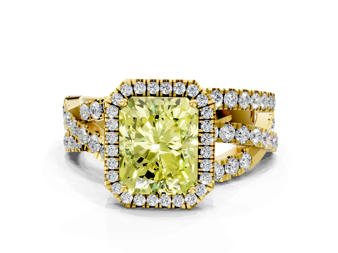 Yellow gold Fancy Yellow Radiant Cut Diamond Halo Ring with Round Split Shank and Prong Setting_37