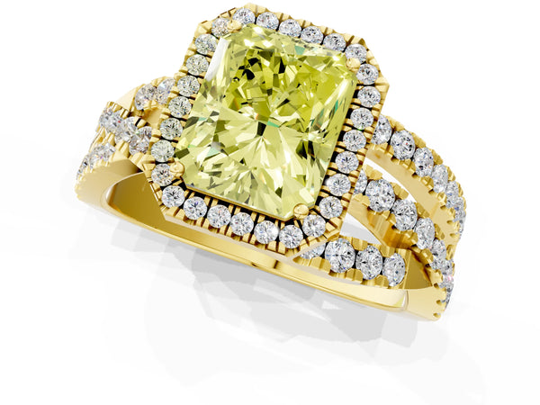 Yellow Gold Radiant Cut Halo Twist Engagement Ring Setting for Fancy Yellow Center