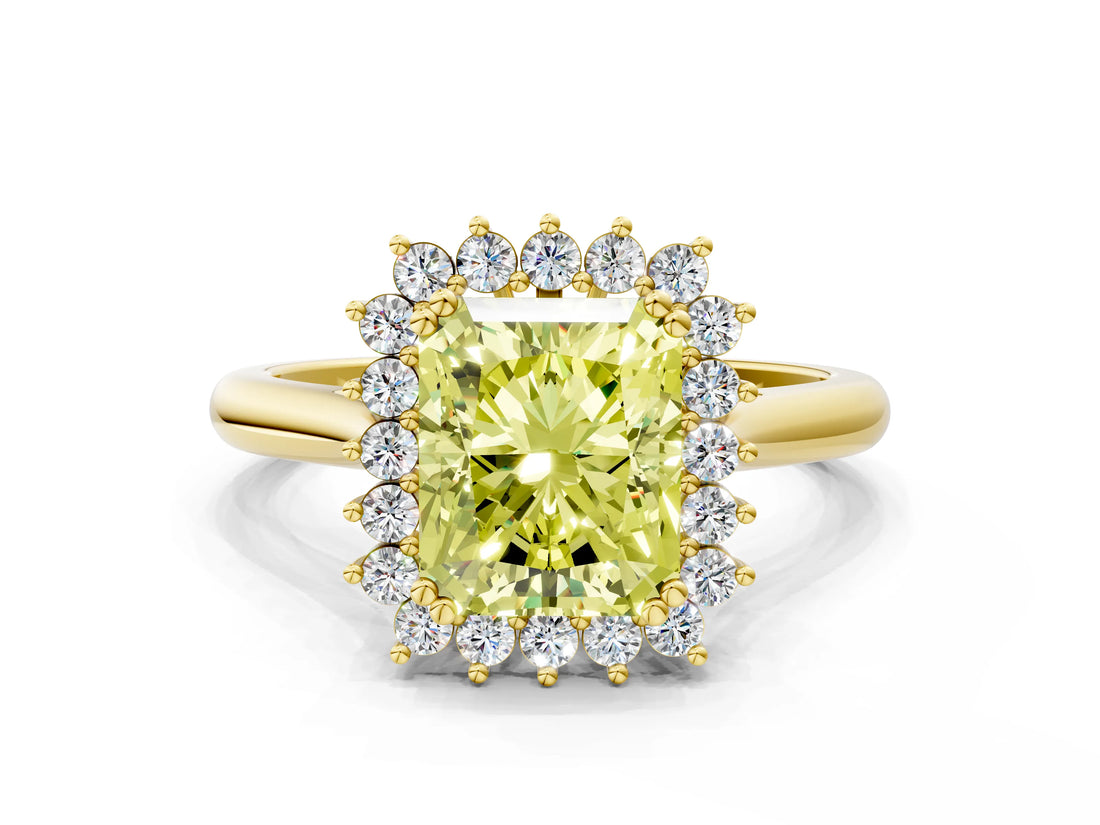 Yellow gold Fancy Yellow Radiant  Cut Diamond Halo Ring with Solitaire Band and Prong Setting_54