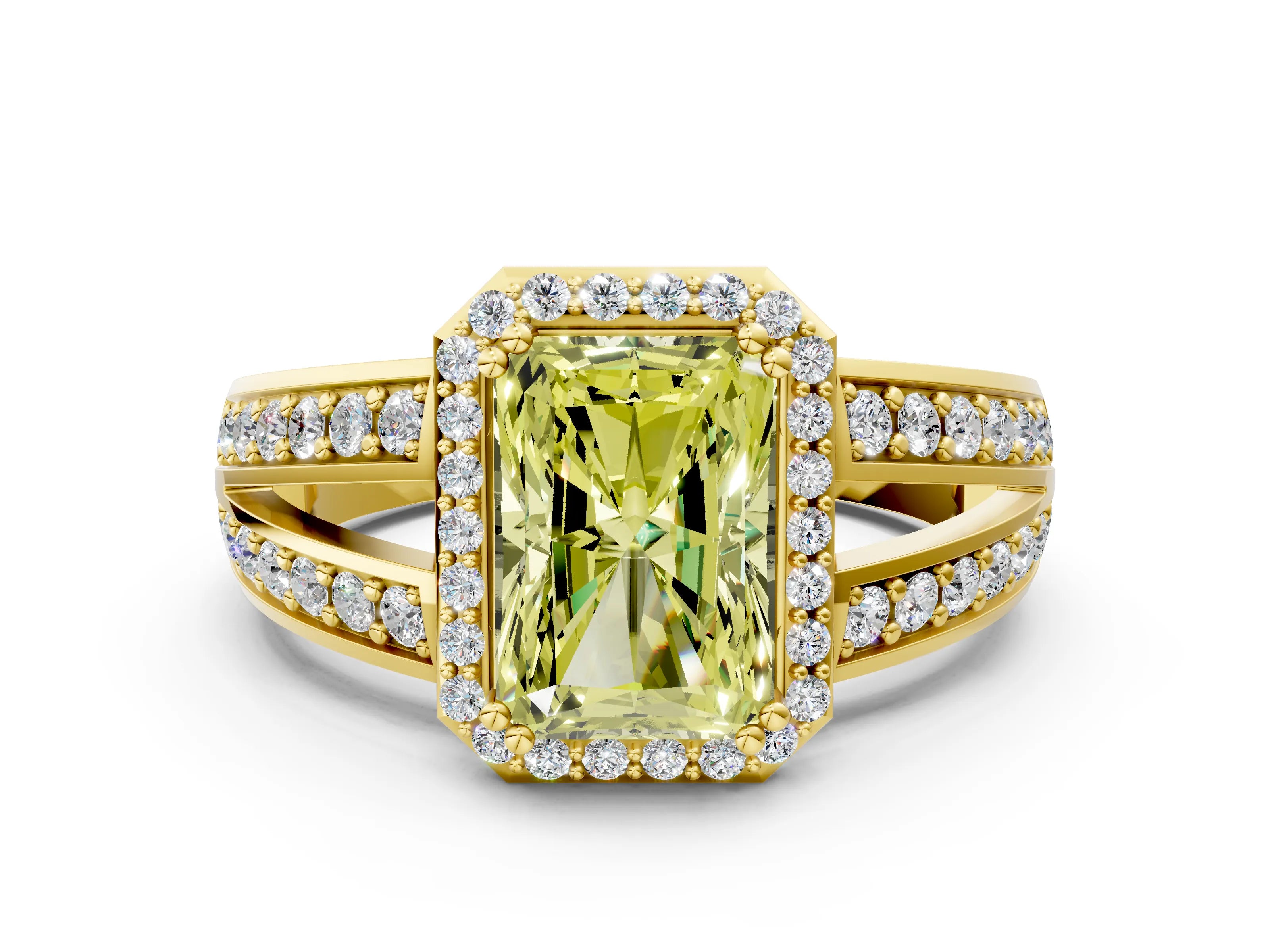 Yellow gold Fancy Yellow Radiant Cut Diamond Halo Ring with Split Shank Pavé Band and Four-Prong Setting