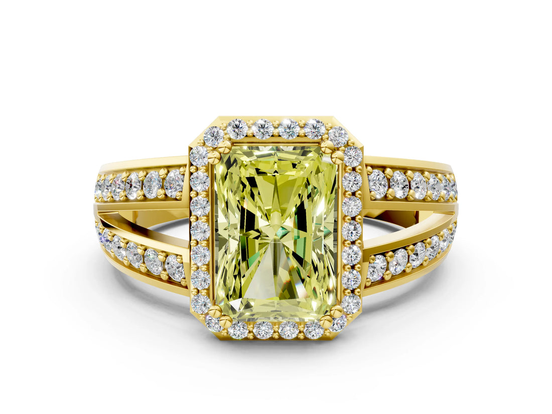 Yellow gold Fancy Yellow Radiant Cut Diamond Halo Ring with Split Shank Pavé Band and Four-Prong Setting