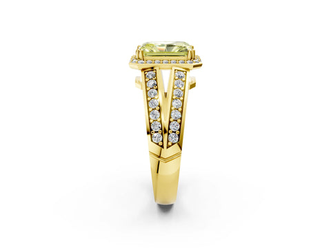 Yellow gold Fancy Yellow Radiant Cut Diamond Halo Ring with Split Shank Pavé Band and Four-Prong Setting_2