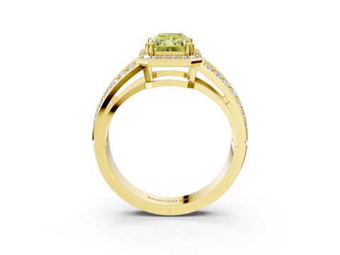 Yellow gold Fancy Yellow Radiant Cut Diamond Halo Ring with Split Shank Pavé Band and Four-Prong Setting_3