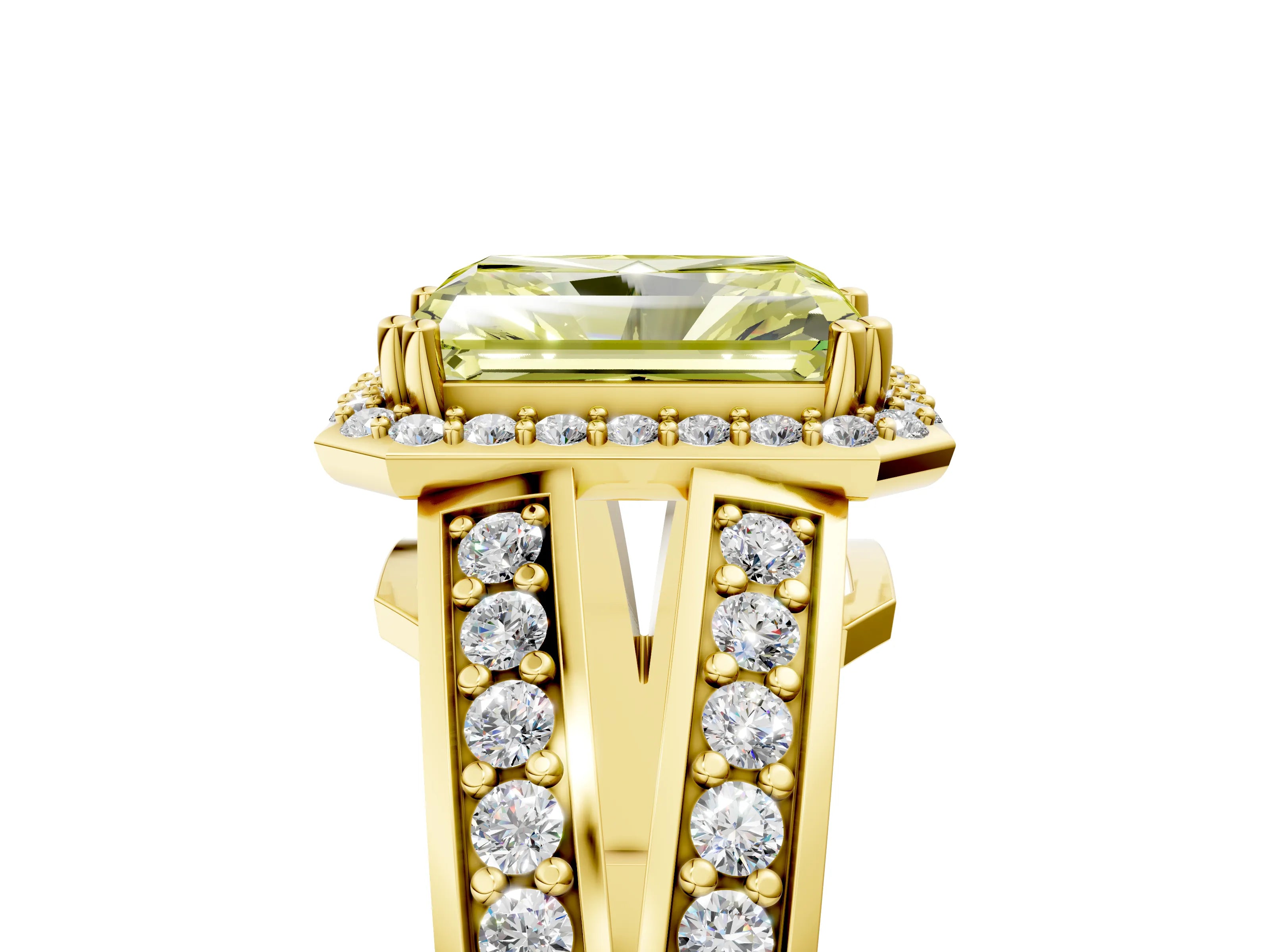 Yellow gold Fancy Yellow Radiant Cut Diamond Halo Ring with Split Shank Pavé Band and Four-Prong Setting_5