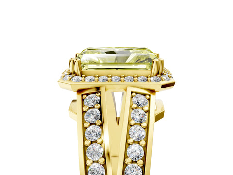 Yellow gold Fancy Yellow Radiant Cut Diamond Halo Ring with Split Shank Pavé Band and Four-Prong Setting_5