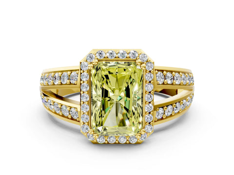 Yellow gold Fancy Yellow Radiant Cut Diamond Halo Ring with Split Shank Pavé Band and Four-Prong Setting