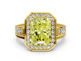 Yellow gold Fancy Yellow Radiant Cut Diamond Halo Ring with Split Shank and Bezel Accents and Prong Setting