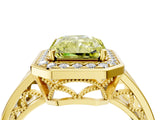 Yellow gold Fancy Yellow Radiant Cut Diamond Halo Ring with Split Shank and Bezel Accents and Prong Setting_4