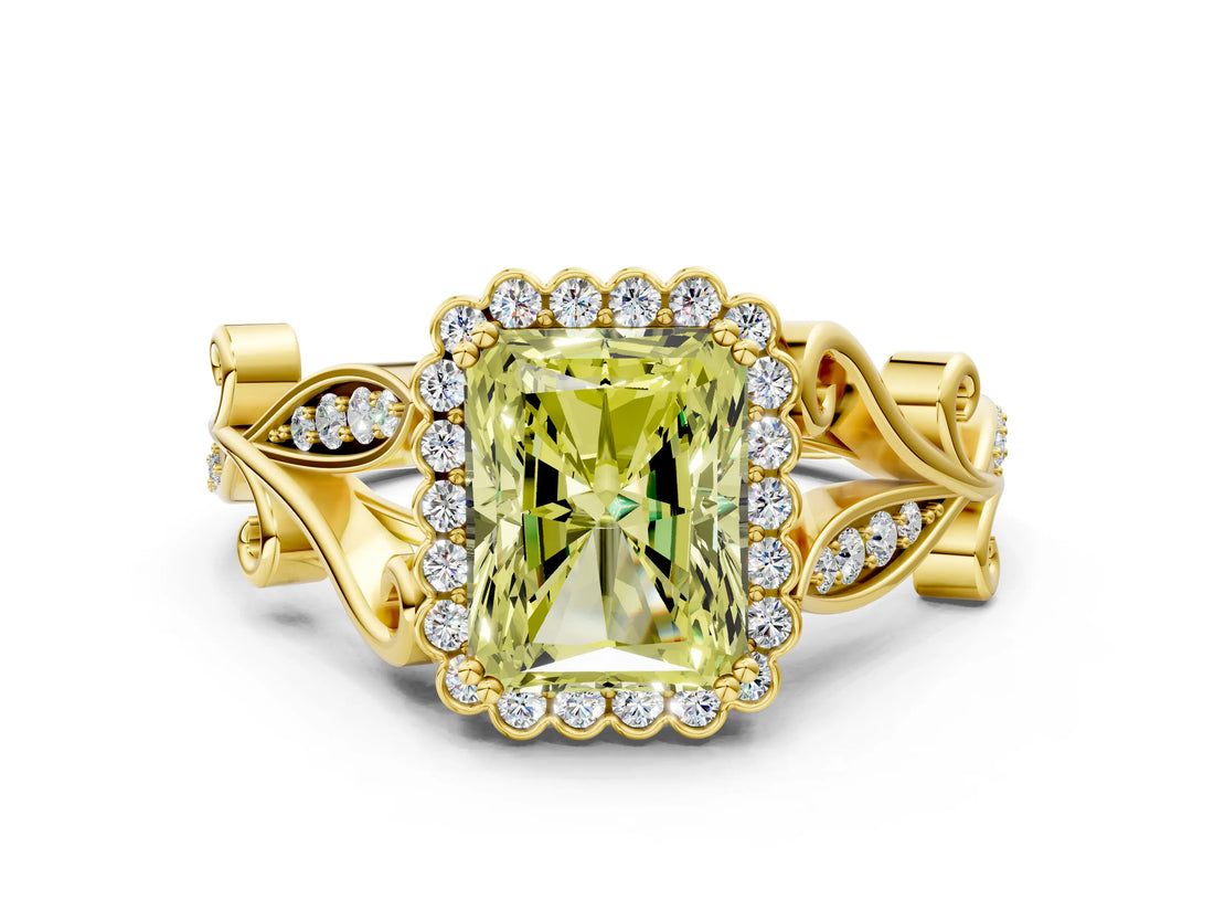 Yellow gold Fancy Yellow Radiant Cut Diamond Halo Ring with Vintage Split Shank and Four-Prong Setting_37