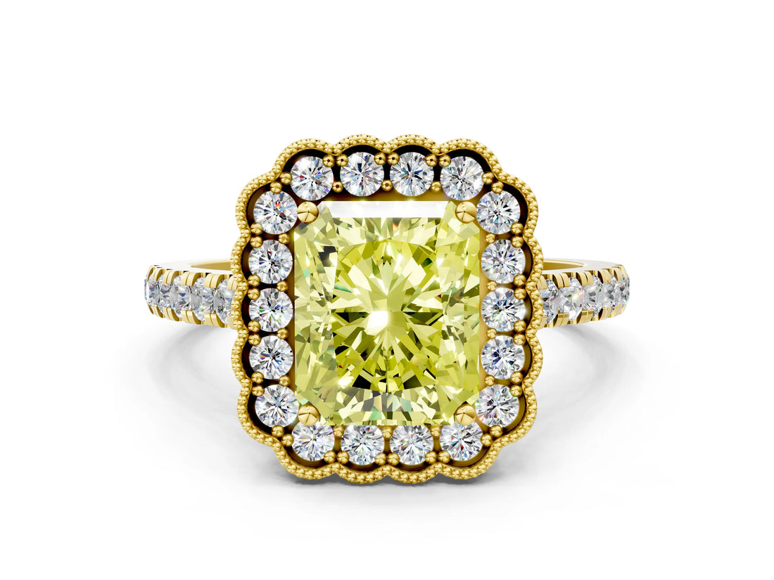 Yellow gold Fancy Yellow Radiant  Cut Diamond Milgrain Floral Halo Engagement Ring with Pavé Band_15
