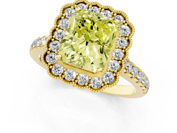 Yellow gold Fancy Yellow Radiant  Cut Diamond Milgrain Floral Halo Engagement Ring with Pavé Band