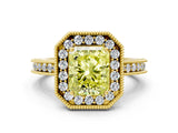Yellow gold Fancy Yellow Radiant Cut Diamond Milgrain Halo Engagement Ring with Round Pavé Band and Prong Setting_12