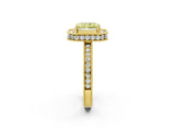 Yellow gold Fancy Yellow Radiant Cut Diamond Milgrain Halo Engagement Ring with Round Pavé Band and Prong Setting_14