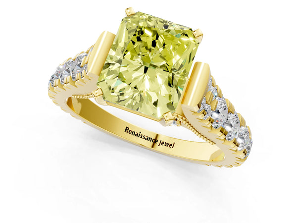 Yellow gold Fancy Yellow Radiant Cut Diamond Classic Solitaire Ring with Pavé Band and Four-Prong Setting