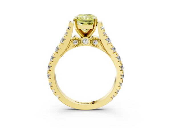 Yellow gold Fancy Yellow Radiant Cut Diamond Classic Solitaire Ring with Pavé Band and Four-Prong Setting