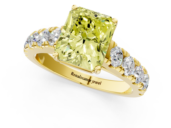 Yellow gold Fancy Yellow Radiant  Cut Diamond Solitaire Ring with Micro Pave Band and Prong Setting