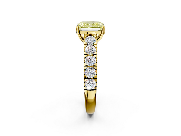 Yellow gold Fancy Yellow Radiant  Cut Diamond Solitaire Ring with Micro Pave Band and Prong Setting
