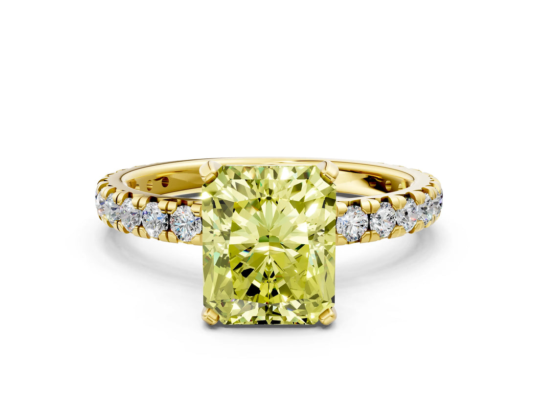 Yellow gold Fancy Yellow Radiant Cut Diamond Pavé Solitaire Ring with Round Band and Prong Setting_12