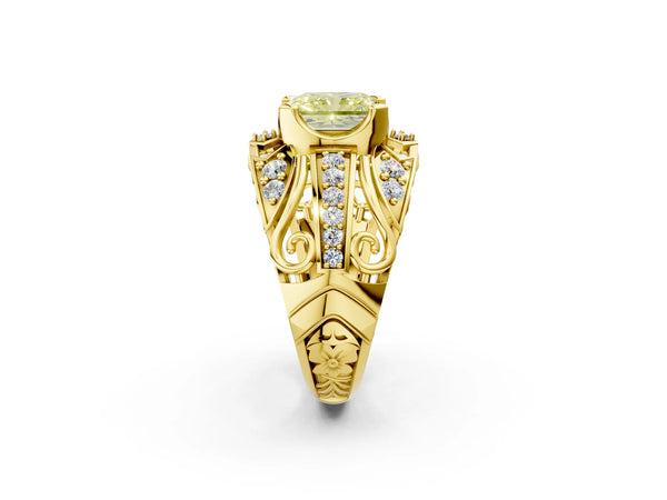 Yellow gold Fancy Yellow Radiant Cut Diamond Pave Art Deco Split Shank Ring with Four-Prong Setting