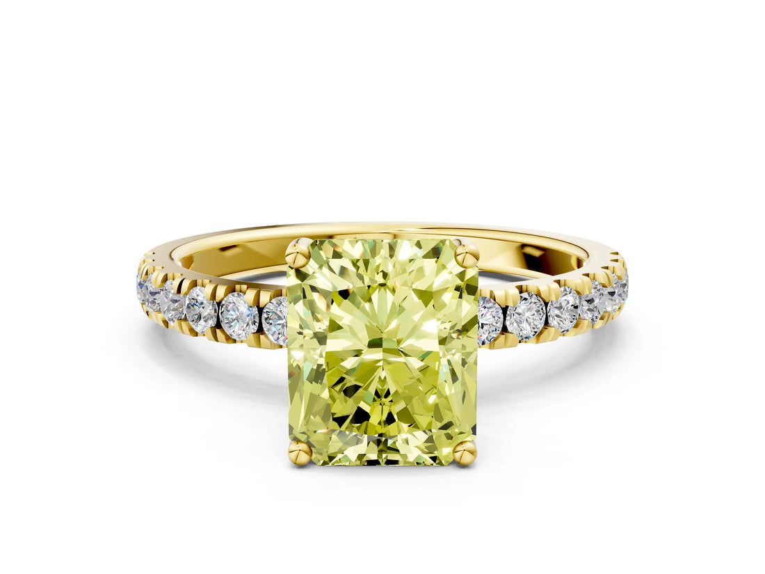 Yellow gold Fancy Yellow Radiant Cut Diamond Pave Band Solitaire Ring with Four-Prong Setting_57