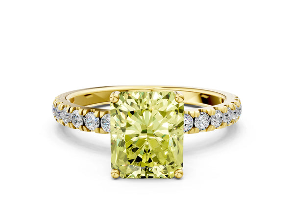 Yellow gold Fancy Yellow Radiant Cut Diamond Pave Band Solitaire Ring with Round  and Prong Setting
