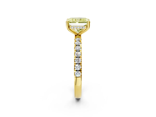 Yellow gold Fancy Yellow Radiant Cut Diamond Pave Band Solitaire Ring with Round  and Prong Setting