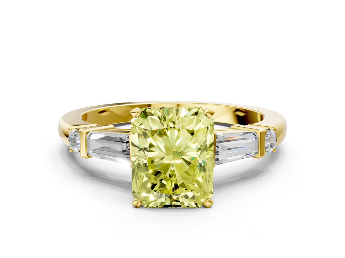 Yellow gold Fancy Yellow Radiant  Cut Diamond Ring with Baguette Side Stones, Channel Set Band, and Four-Prong Setting_3