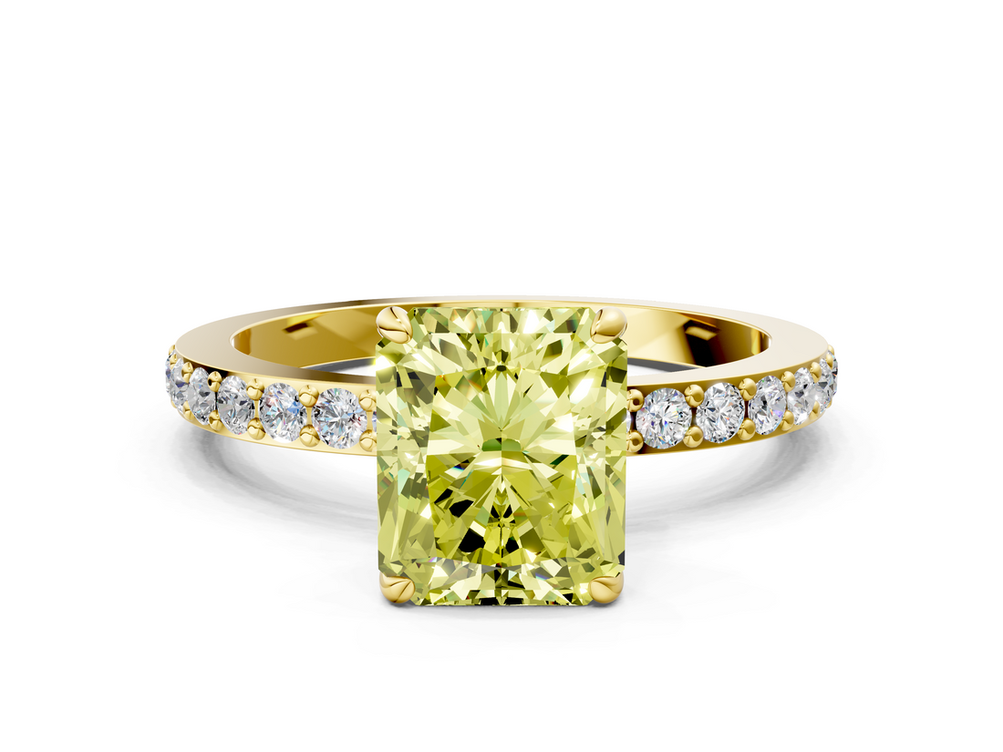 Yellow gold Fancy Yellow Radiant  Cut Diamond Ring with Pavé Band and Four-Prong Setting_17