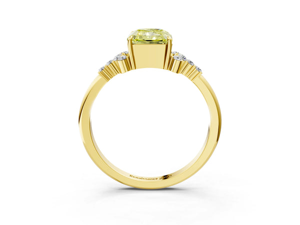 Yellow gold Fancy Yellow Radiant Cut Diamond Ring with Side Stones and Four-Prong Setting