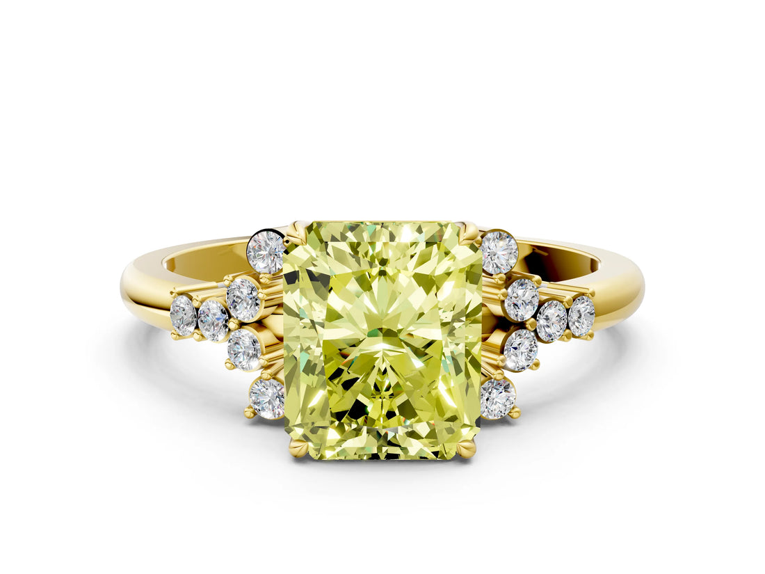 Yellow gold Fancy Yellow Radiant Cut Diamond Ring with Side Stones and Four-Prong Setting_98