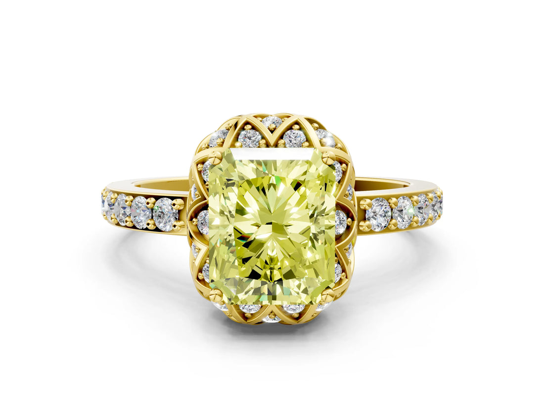 Yellow gold Fancy Yellow Radiant Cut Diamond Scalloped Halo Engagement Ring with Round Shared Prong Band_12