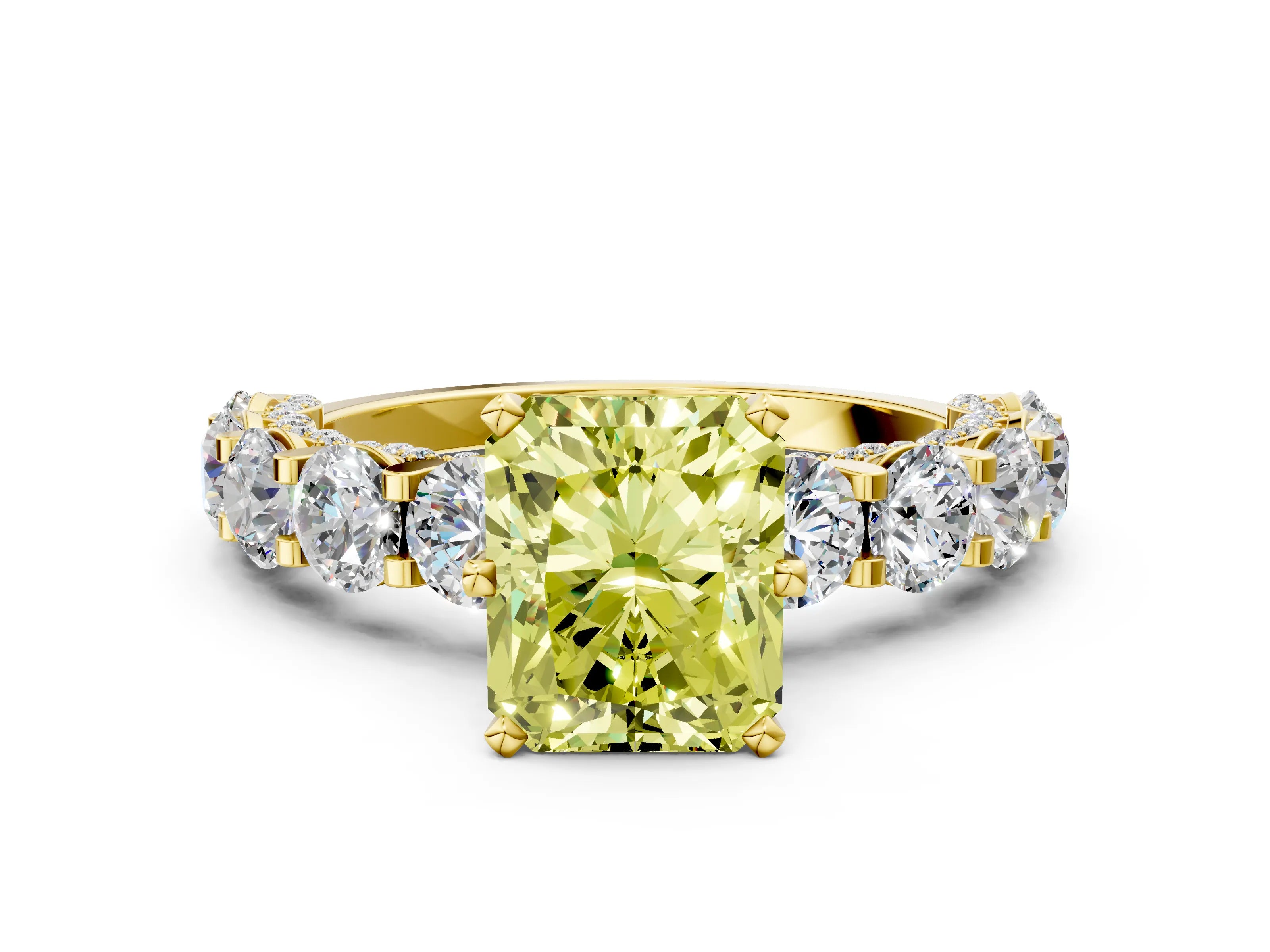 Yellow gold Fancy Yellow Radiant Cut Diamond Side Stone Engagement Ring with Four-Prong Setting_24