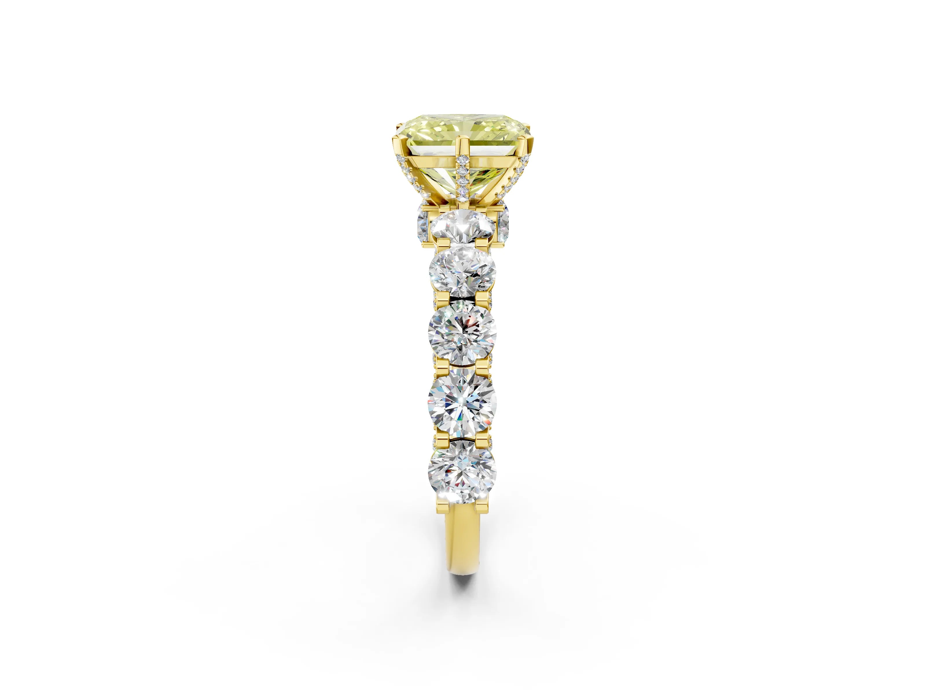 Yellow gold Fancy Yellow Radiant Cut Diamond Side Stone Engagement Ring with Four-Prong Setting_26