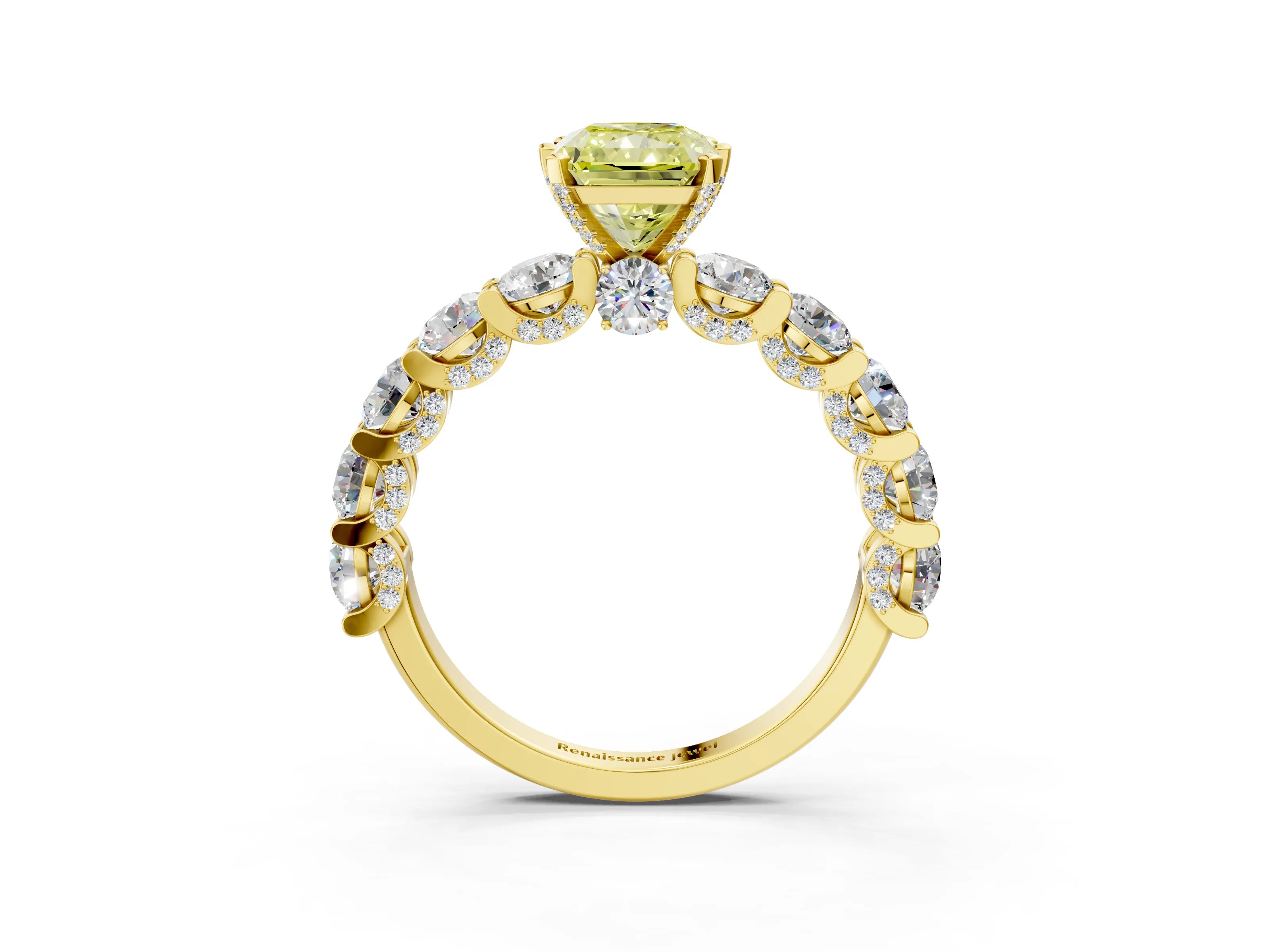 Yellow gold Fancy Yellow Radiant Cut Diamond Side Stone Engagement Ring with Four-Prong Setting_27