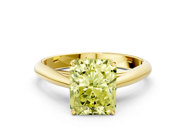 Yellow gold Fancy Yellow Radiant Cut Diamond Solitaire Engagement Ring with Cathedral Setting and Four-Prong Mount